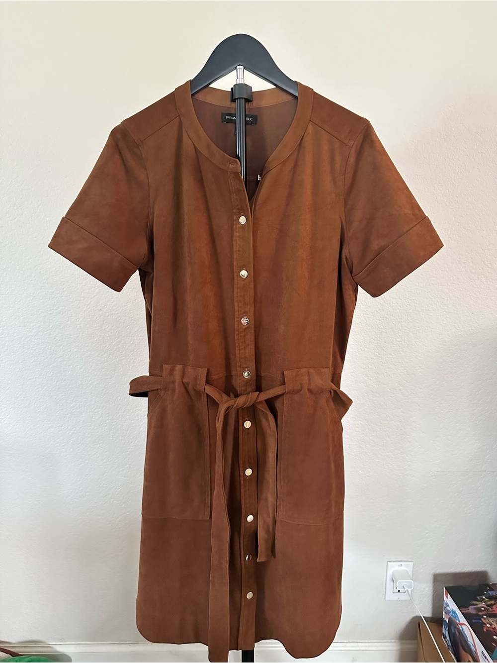 Banana Republic Brown Suede Short-Sleeve Button Dress with Tie Waist Size 10
